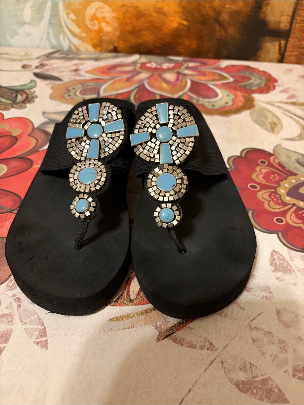 Yellow Box Black Thong Sandals with Turquoise Mosaic Accents
